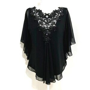 Tadashi Shoji Black Evening Blouse Beaded Front & Butterfly Sleeves